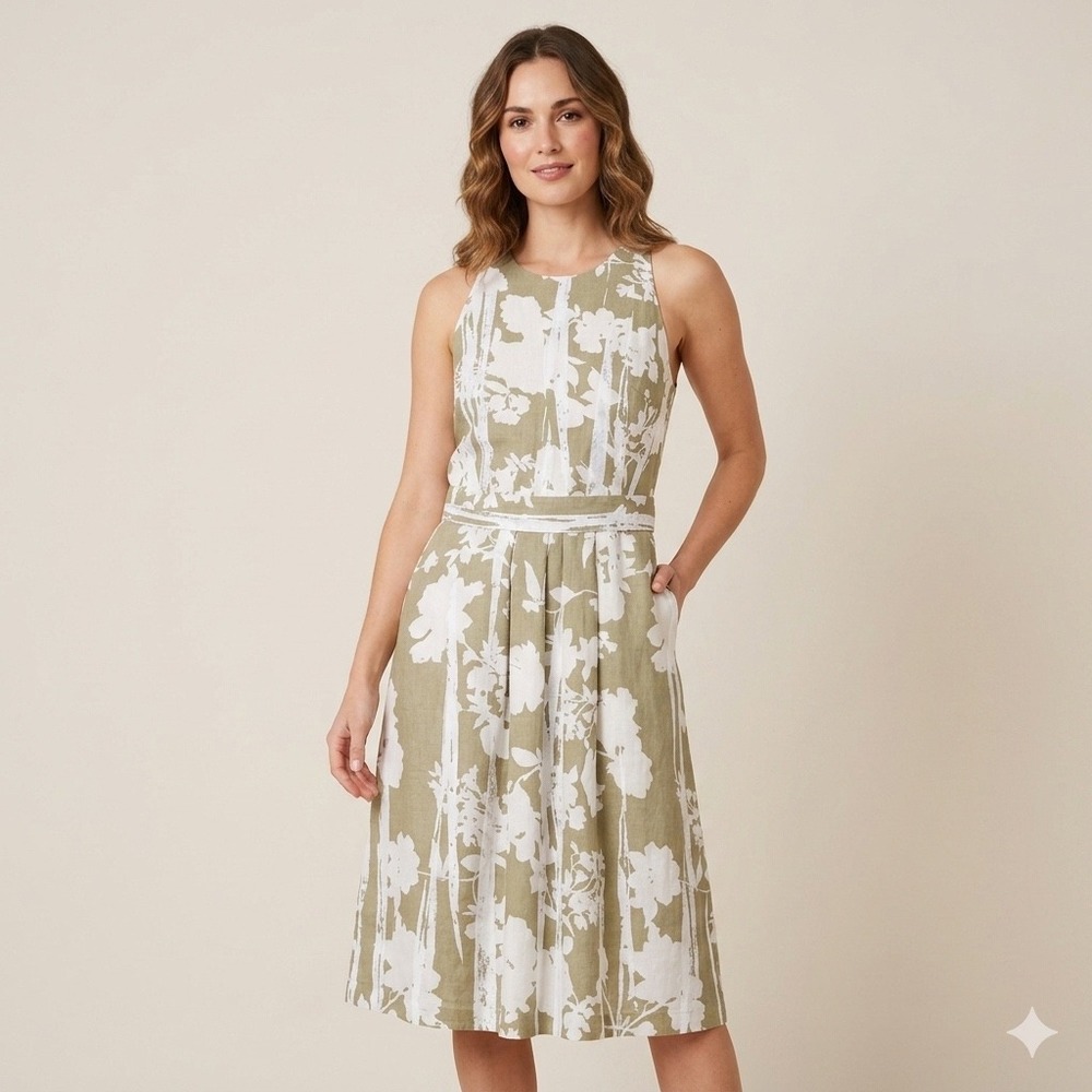 Adolfo Dominguez Floral Midi Dress Women 6 Taupe Linen Blend Coastal Cottagecore